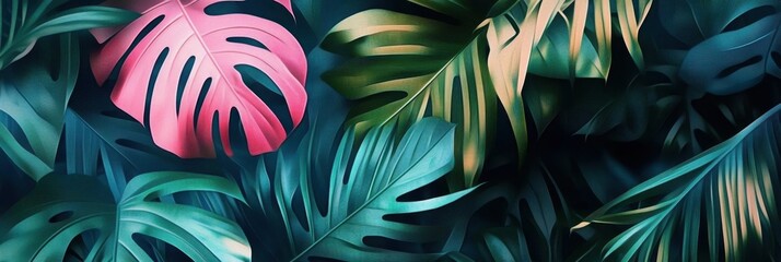Tropical leaves, vibrant colors, palm fronds, dark background, neon glow, pastel pink, teal green, orange highlights, botanical illustration, jungle foliage, exotic plants, lush vegetation, nature-ins