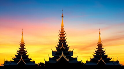 Golden Sunset Silhouette of Three Asian Temples