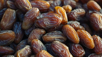 Obraz premium Close-up of dried date palm fruits (kurma) on wooden background for ramadan (ramazan) celebration and festive food traditions