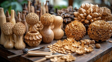 Fototapeta premium Intricate wood carvings, artisan workshop, floral designs, detailed craftsmanship, stock photo