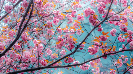 Fototapeta premium A close-up of blooming pink cherry blossoms against a blurred background.