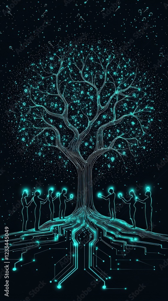 Poster abstract digital tree with glowing circuits and human figures symbolizing connection and growth in t