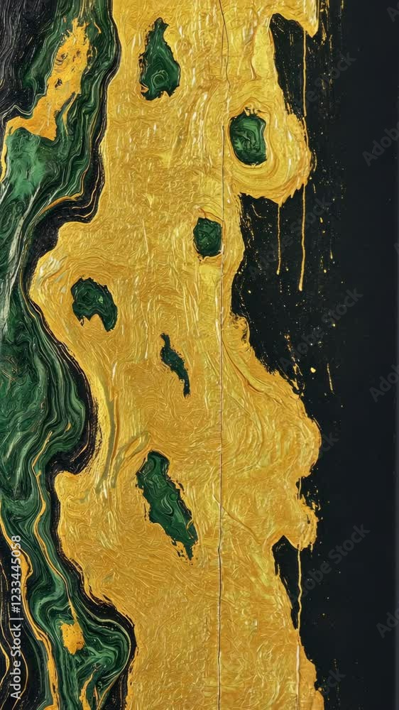 Aufkleber abstract artwork featuring green and gold swirls on a textured canvas creating dynamic visual contra