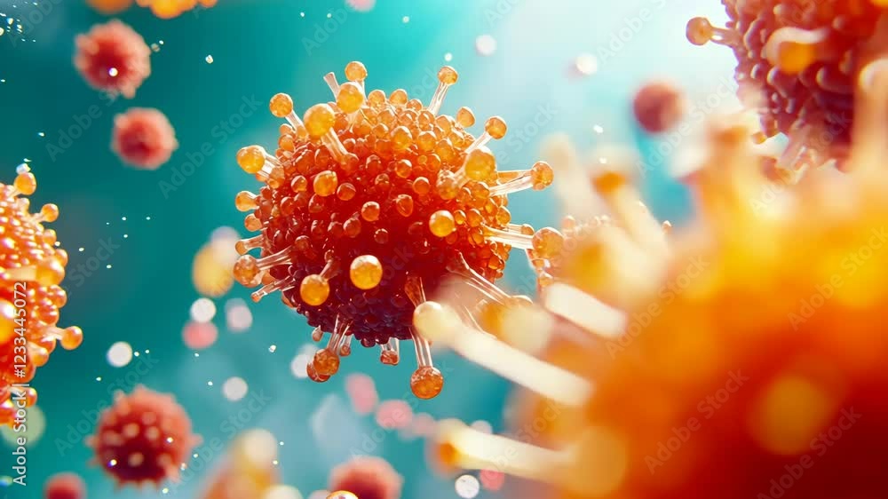 Poster microscopic view of viral particles showing detailed structure and texture in a dynamic setting