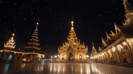 Fototapeta premium Golden Temple Night Scene Starry Sky Myanmar Architecture