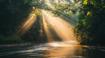 Sunbeams illuminating a tranquil jungle river at dawn.