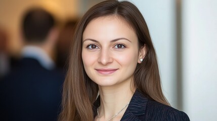 Fototapeta premium A woman with long brown hair is smiling for the camera