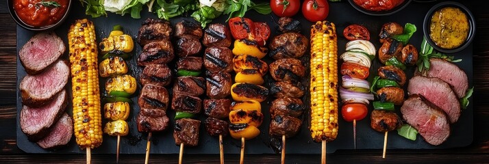 Grilled meat skewers, colorful vegetable kebabs, barbecue, rustic wooden table, overhead view, vibrant food photography, corn on the cob, bell peppers, cherry tomatoes, zucchini, red onions, assorted 