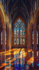 Obraz premium Sunlit stained glass church interior