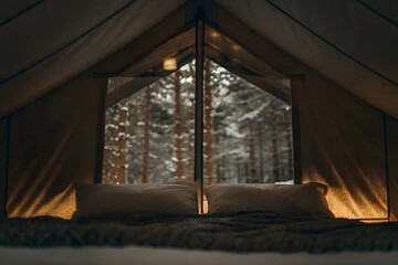 Cozy Indoor Camping Escape Warm Tent with Fluffy Bed, Snowy Forest View, and Golden Sunlight Glow Image