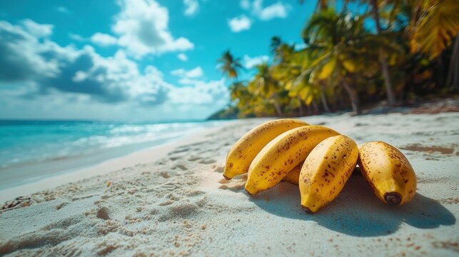 Ripe bananas on a tropical beach with palm trees and ocean