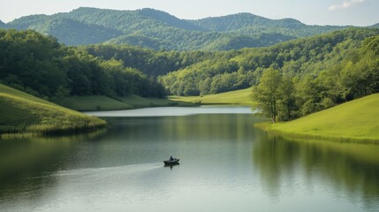 Person Rowing Boat on Serene Green Lake Surrounded by Lush Hills