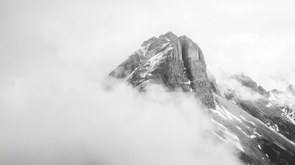 Monochromatic Mountain Peak Emerging from the Clouds Dramatic Winter Landscape