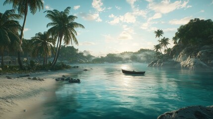 Serene tropical beach cove with boat at sunrise.