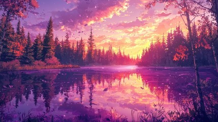 Fototapeta premium Serene autumn sunset reflected in calm lake, surrounded by vibrant forest.