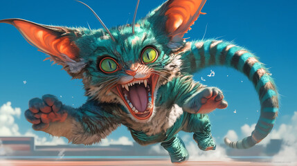 Wild cat jumping.  Illustration On The Theme Of Fairy Tales And Fantasy, Animals And Comics. Generative AI