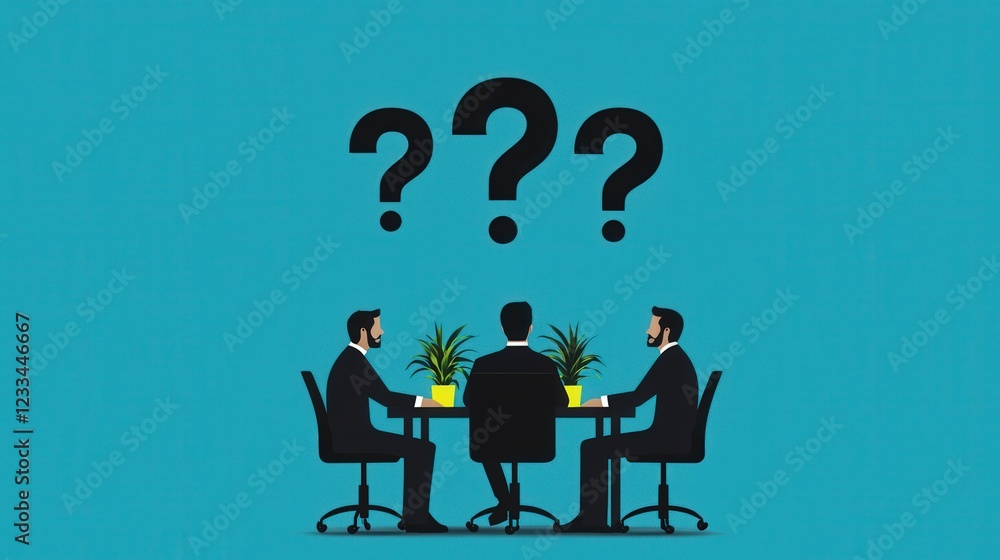 Poster three businessmen engaged in discussion with question marks symbolizing uncertainty in a meeting set