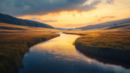 Serene sunset over a winding river in a tranquil valley.
