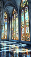 Fototapeta premium Sunlit hall with stained glass