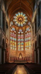 Fototapeta premium Ornate church interior with stained glass