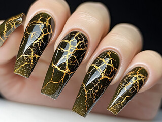 Long olive green nails bronze cracked texture glossy manicure close up luxury art pattern stylish design beauty fashion metallic high quality photography detail chic claw glam look tips fake dark