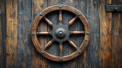 Obraz premium Antique Wooden Ship Wheel on Rustic Wooden Wall: A Nautical Masterpiece