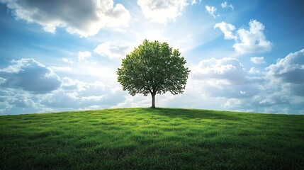 Obraz premium A solitary tree stands on a grassy hill under a bright sky with fluffy clouds.