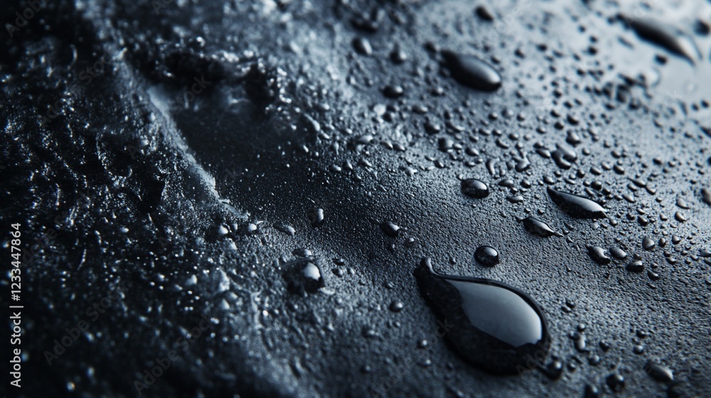 Poster close up image of water droplets on a black surface, creating a reflective abstract scene