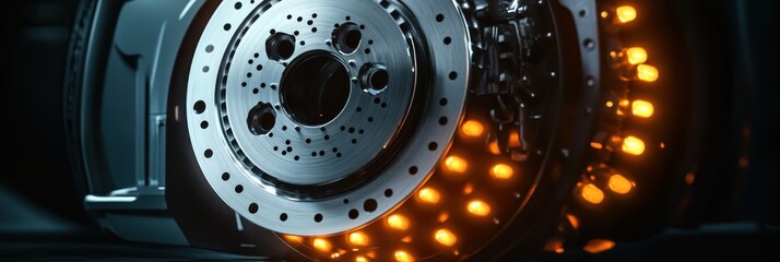Fototapeta premium Automotive brake disc, sparks flying, metalworking, industrial setting, close-up detail, high contrast, dramatic lighting, precision engineering, mechanical parts, automotive repair, workshop environm