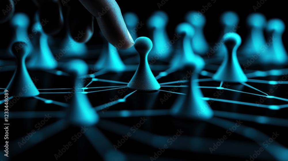 Poster intricate network of game pieces highlighting strategy and connection in a futuristic blue glow envi