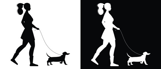 women walking with dog vector silhouette illustration black and white background.