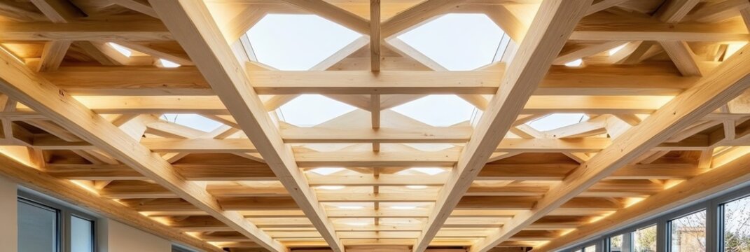 Skylight ceiling, wooden beams, glass panels, blue sky, clouds, natural light, interior architecture, modern design, geometric patterns, sunlight streaming in, open space concept, minimalist aesthetic