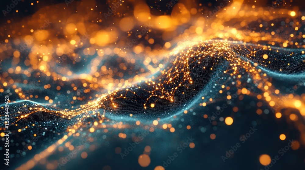Poster abstract digital landscape: a mesmerizing display of interconnected glowing particles forming undula