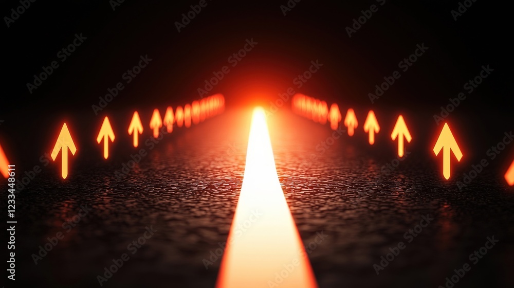 Poster bright orange arrows on dark background symbolizing direction and guidance in abstract artistic conc