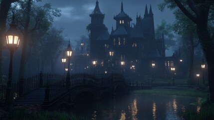 Fototapeta premium Gothic Mansion Night Scene Mysterious Bridge Landscape