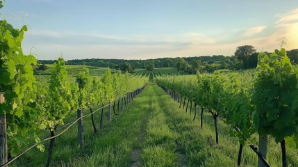 Fototapeta premium Sunlit Vineyard Rows and Wildflowers Under a Pale Blue Summer Sky
