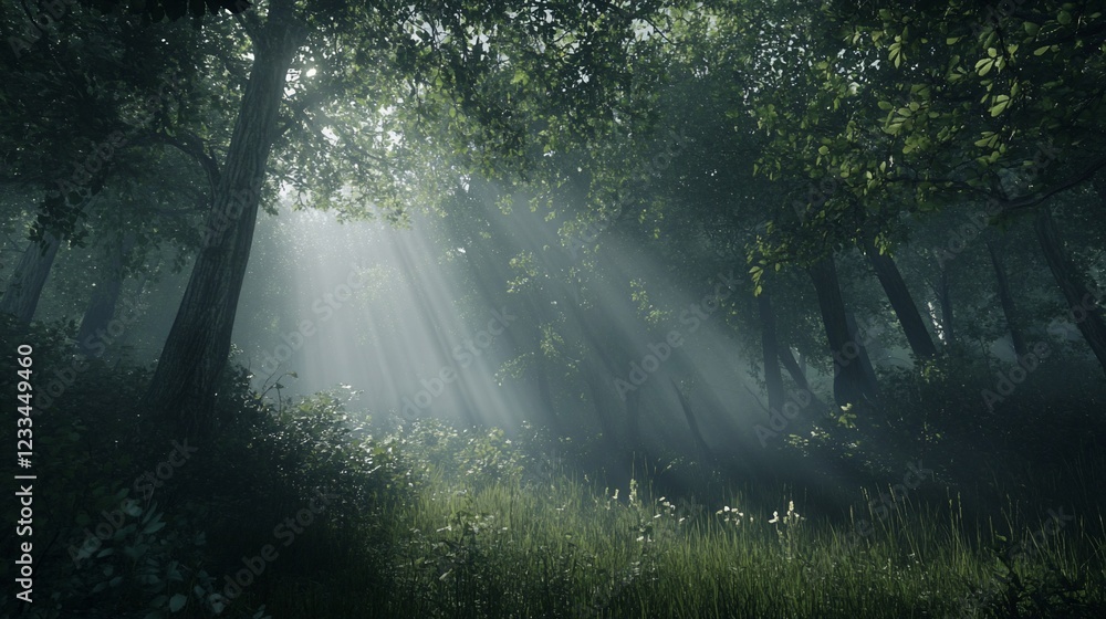 Poster sunlight filtering through the trees of a dense forest with a touch of fog