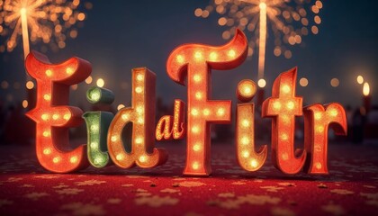 Eid al Fitr typography with light bulbs and fireworks. Concept of Islamic celebration.