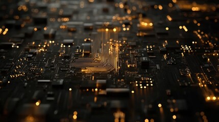 Abstract Close up of Illuminated Circuit Board Technology Background Electronic Components Golden