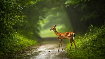 Fawn standing on rain-soaked path in forest.