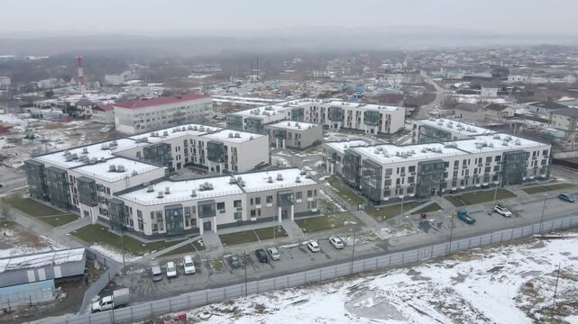 View from above. Construction of a residential microdistrict in the suburbs of Vladivostok.
