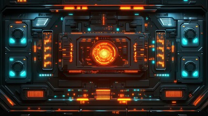 Obraz premium Futuristic control panel glows, spaceship interior, orange lights