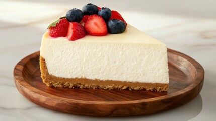 Creamy cheesecake slice with fresh berries on wooden plate.