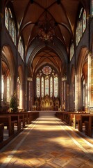 Sunlit Gothic church interior