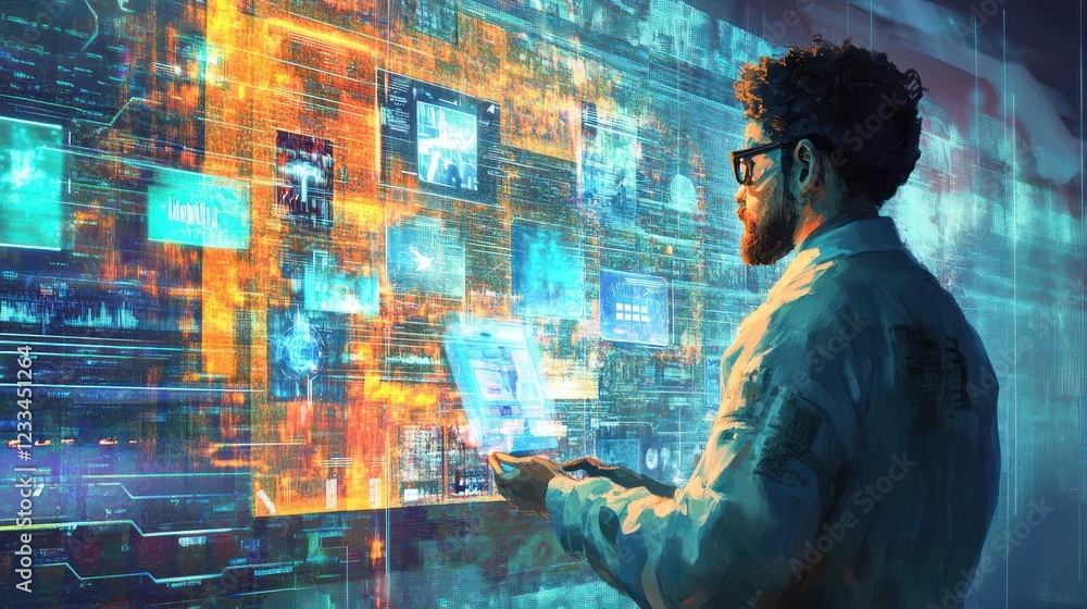 Poster futuristic data analyst: a digital artist's vision of a data scientist immersed in a complex world o