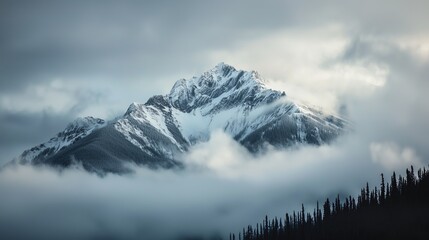 Obraz premium Majestic Mountain Peak Emerging from Misty Clouds Scenic Winter Landscape