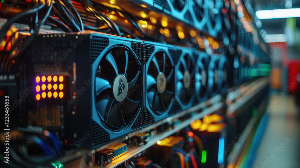 Poster bitcoin mining equipment in a high-tech data center