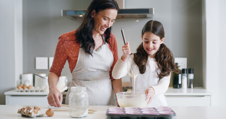 Mom, girl and cooking with home, kitchen and learning with ingredients for pastry or dessert or cake. Happy, woman and daughter help teaching for baking pudding, cookies or bakery recipe in house