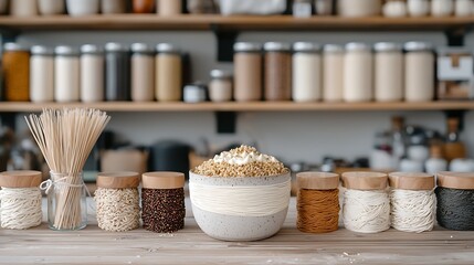 Fototapeta premium A beautifully arranged kitchen scene showcasing various jars of ingredients and a large bowl of pasta