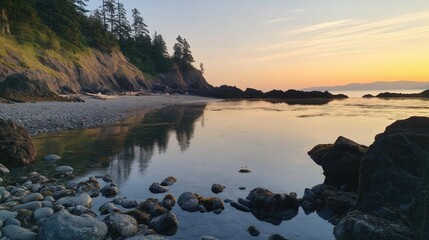 Sunrise Coastal Scene Peaceful Waters and Rocky Beach